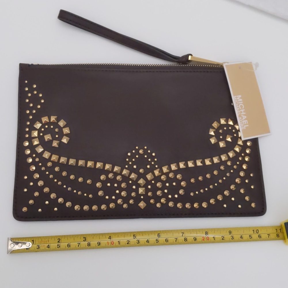 Michael Kors Dark Brown Large Wristlet Clutch with Gold Stud Accents